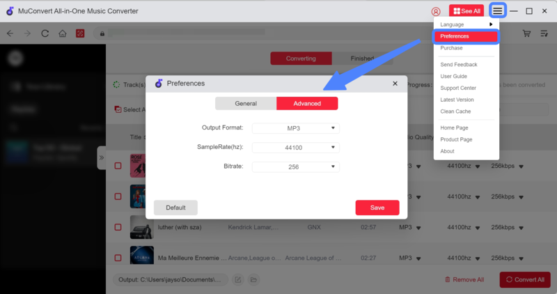 Choose Audio Parameters in Preferences