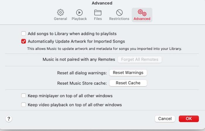 Ripristina cache di Apple Music