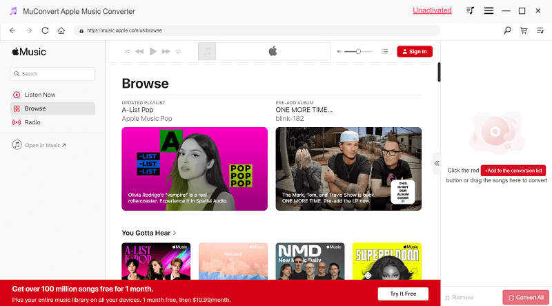 Interfejs konwertera MuConvert Apple Music