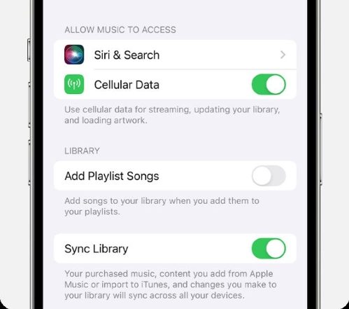 iPhone Settings of Sync Library in Music