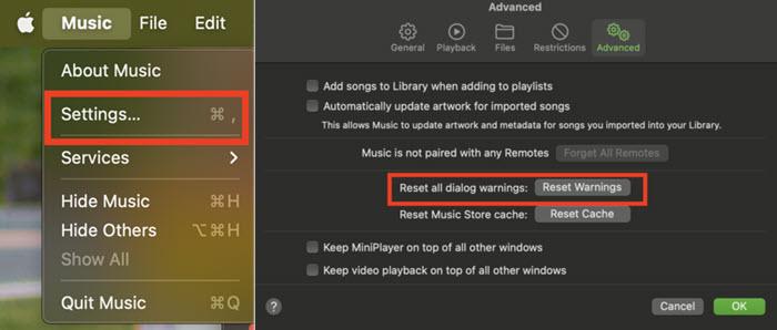 Reset Warnings in Apple Music on Mac