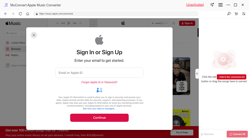 Inicie sesión en Apple Music en MuConvert