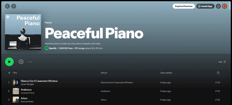 Spotify Playlist Peaceful Piano