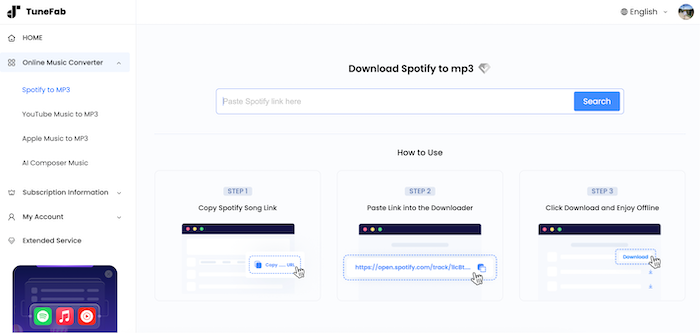 TuneFab Online Spotify to MP3 Downloader Interface
