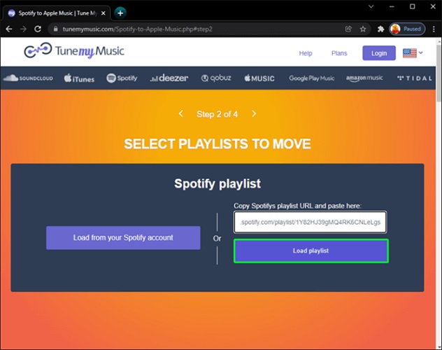 TuneMyMusic Select Spotify Playlist