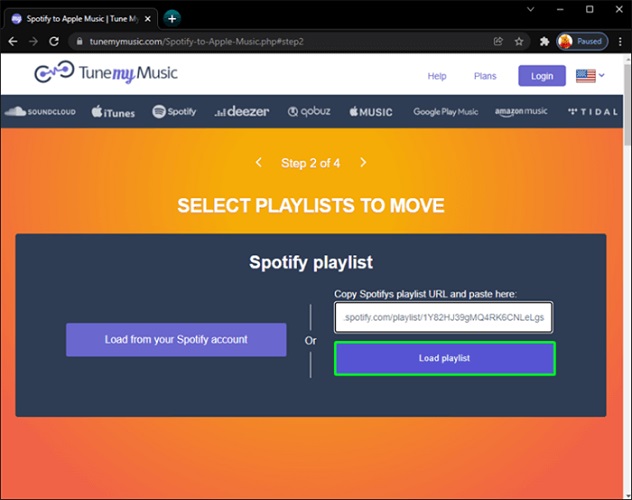 TuneMyMusic Wybierz listę odtwarzania Spotify